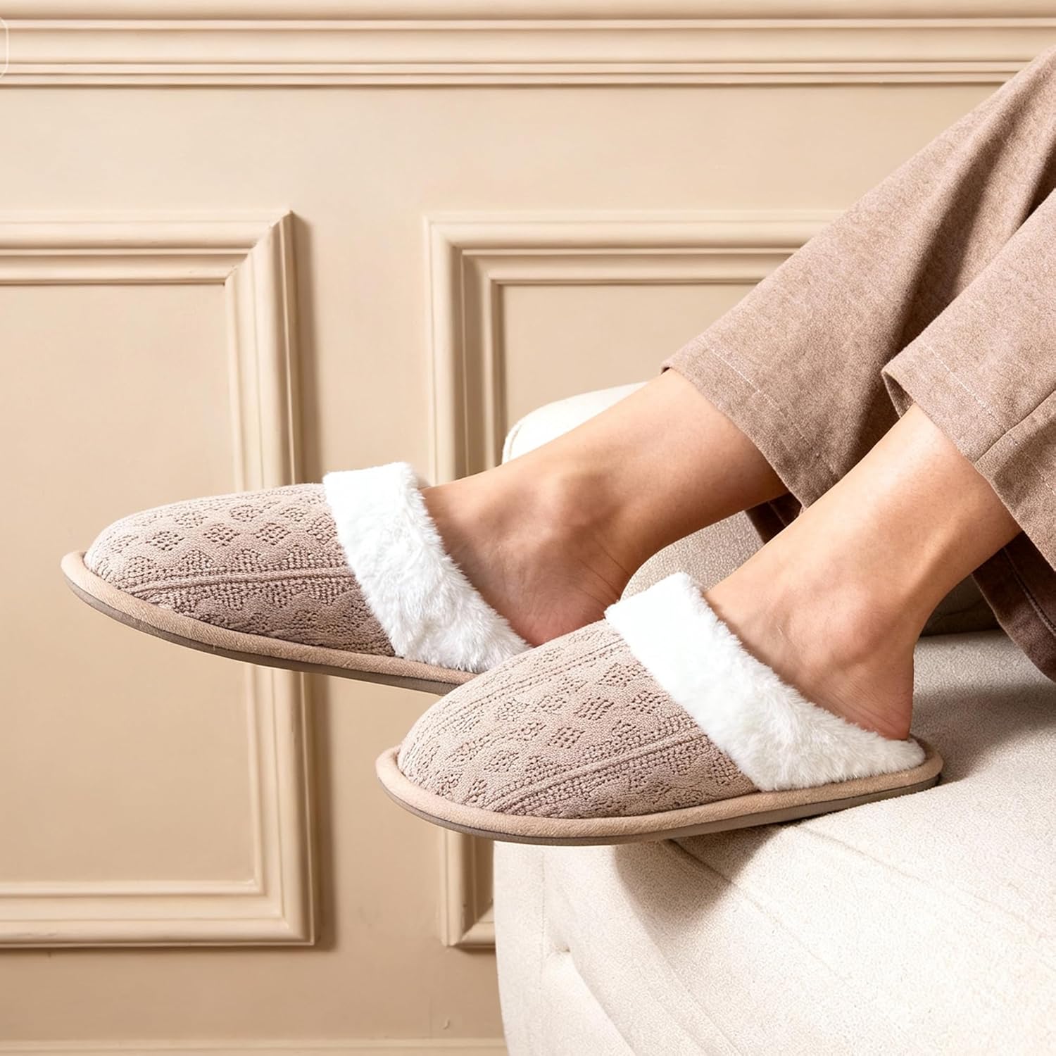 Women's Cozy Knit Slippers with Faux Fur Lining Memory Foam - Non-Slip Rubber Sole Indoor/Outdoor Winter House Shoes for Warmth and Comfort - Image 2