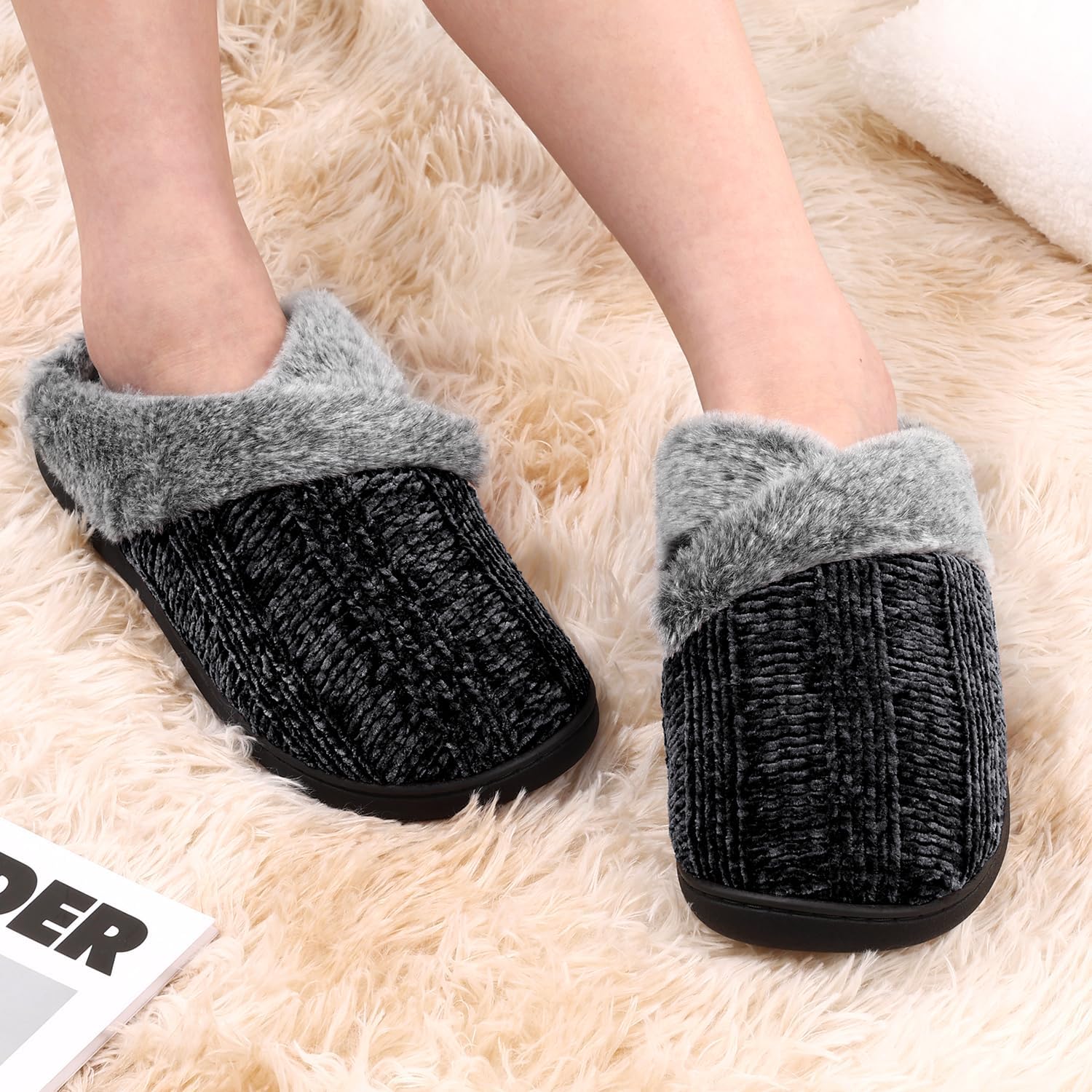 Slippers for Women Fuzzy House Slip on Indoor Outdoor Bedroom Furry Fleece Lined Ladies Comfy Memory Foam Female Home Shoes Anti-Skid Rubber Hard Sole - Image 2
