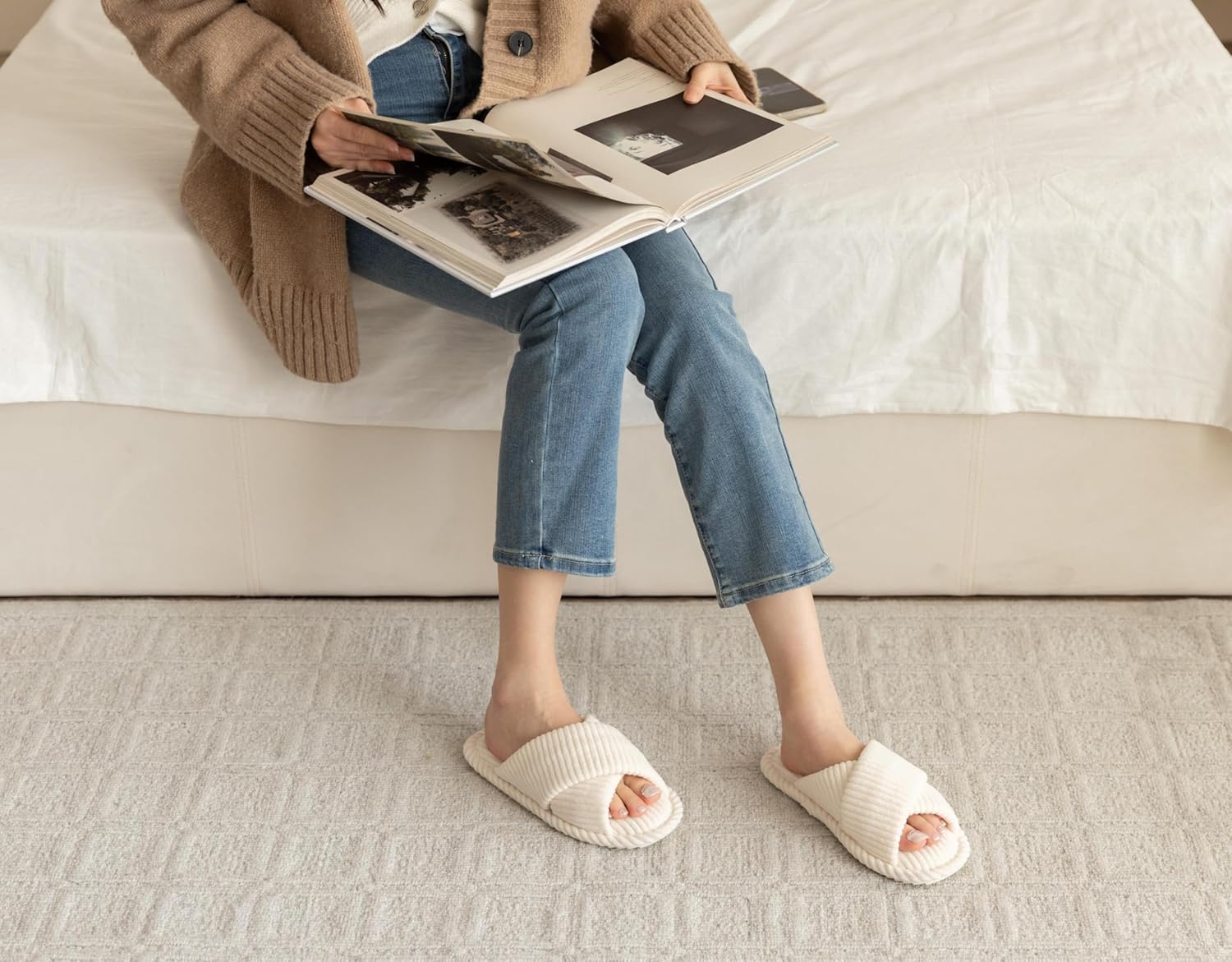 Slippers for Women Memory Foam House Bedroom Corduroy Crossbands Open Toe Slides Sandals Shoes Comfy Trendy Gift for womens Anti-Skid sole - Image 2